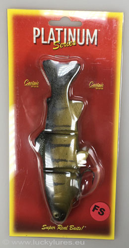 Verpackung des Castaic Platinum Swimbaits, Größe 6, Forellenform, Farbe: Yellow Perch, fast sinking.